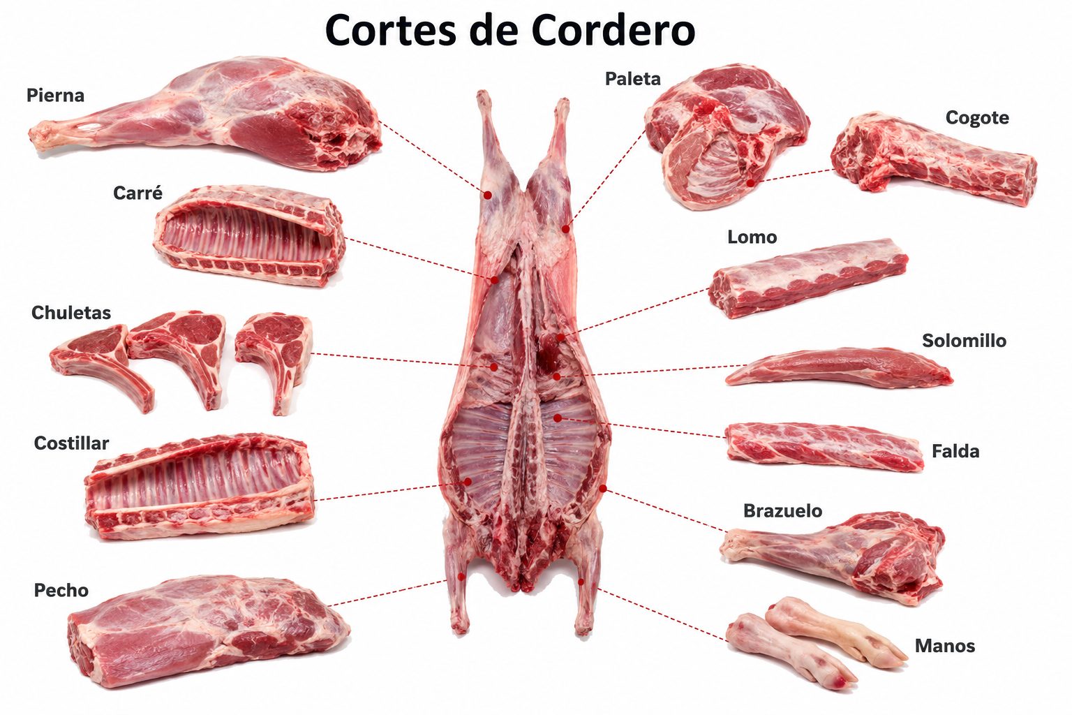 Diagrama con los cortes de cordero: pierna, paleta, costillar, carré, chuletas, lomo, solomillo, falda, brazuelo, pecho, cogote y manos